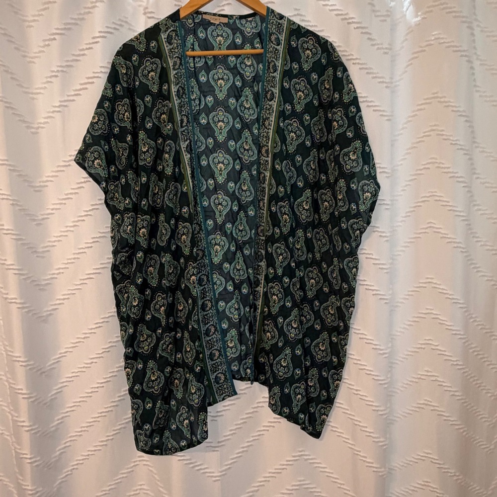 LOFT Womens Teal Green Paisley Open Front Kimono Wrap Modal Size M/L
